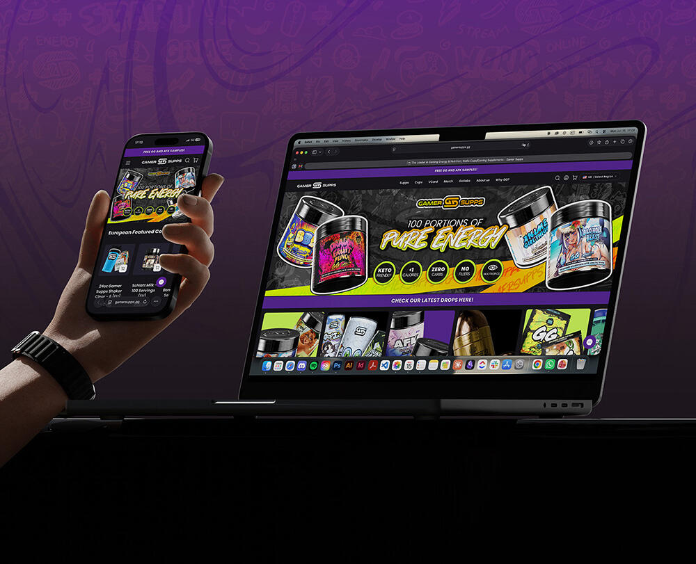 Werbekampagnen-Design für Website Banner einer Gaming-Supplement-Marke mit Desktop- und Mobile-Ansicht für die GamerSupps GG Produktlinie