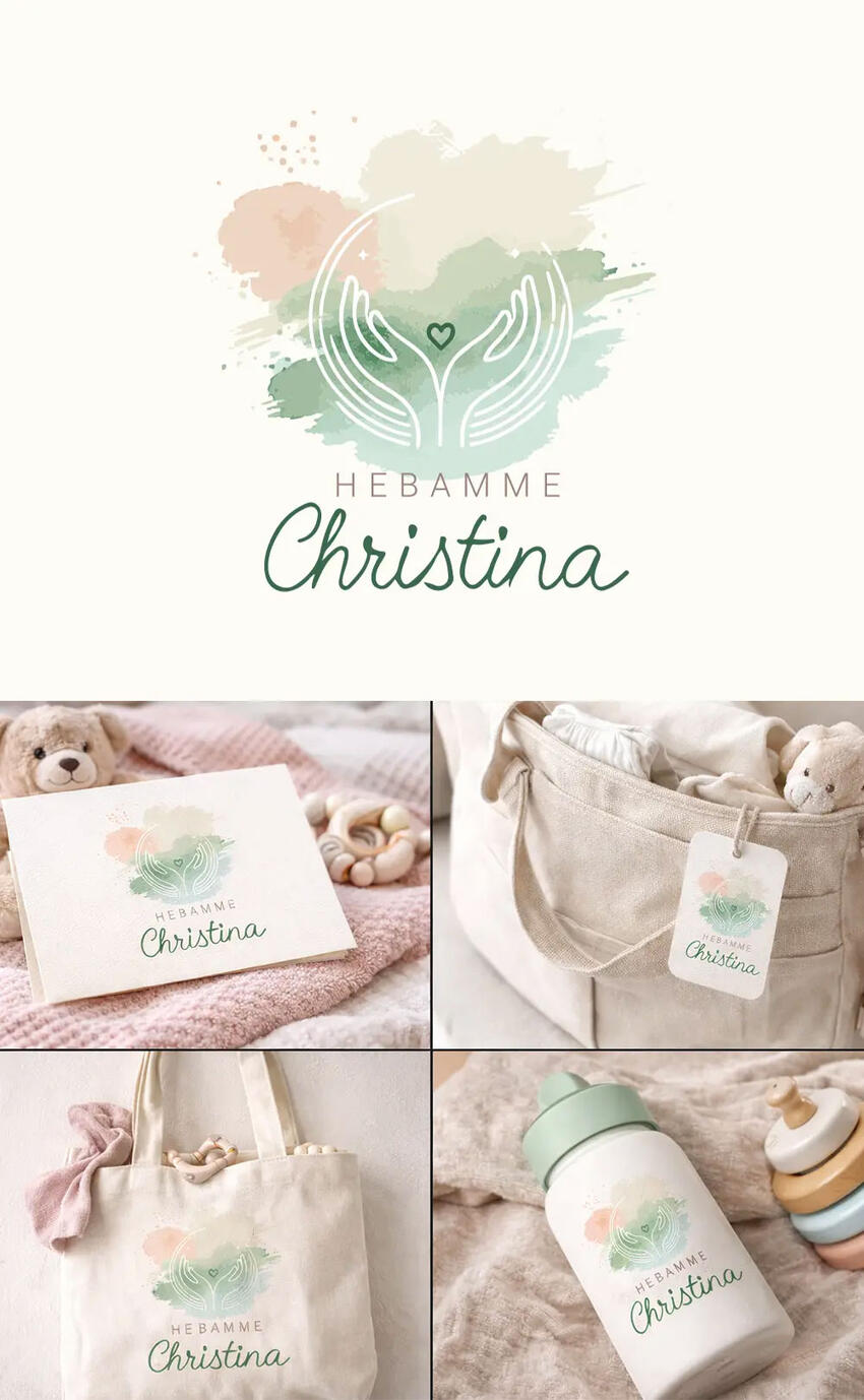 Brand-Identity-Design für eine Hebamme, einschließlich Logo-Design, Verpackungs-Mockups, Geschäftsausstattung und Lifestyle-Branding-Elementen