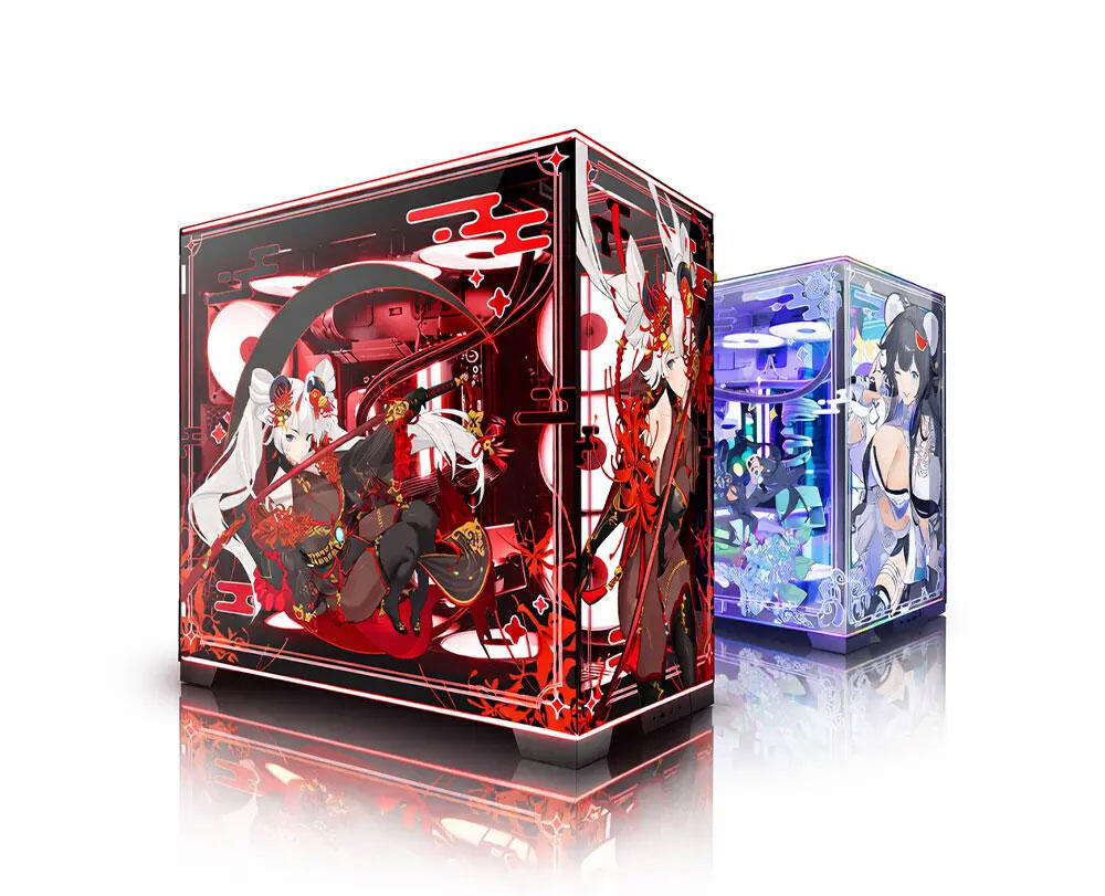 Produktvisualisierung und -fotografie eines Custom-Gaming-PCs mit Anime-inspiriertem Gehäusedesign und RGB-Beleuchtung