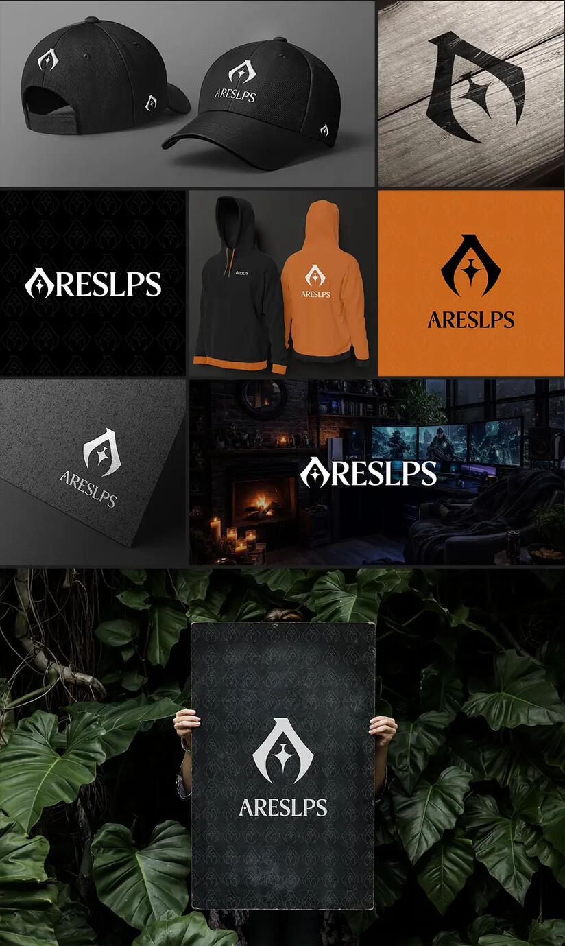 Brand Identity für einen Gaming-Creator, einschließlich Logo-Design, Merchandise-Mockups, Apparel-Branding und Gaming-Visual-Identity