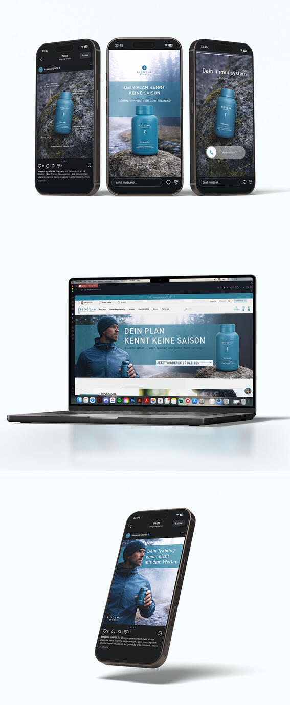 Social-Media-Werbekonzept für eine Supplement-Marke mit Instagram-Produktanzeigen und mobilen Marketingvisuals