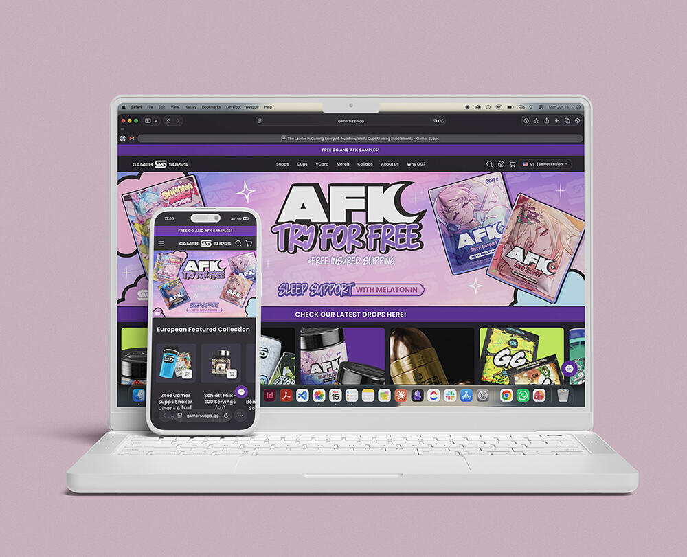 Werbekampagnen-Design für Website Banner einer Gaming-Supplement-Marke mit Desktop- und Mobile-Bannern für die AFK Sleep Support Produktlinie