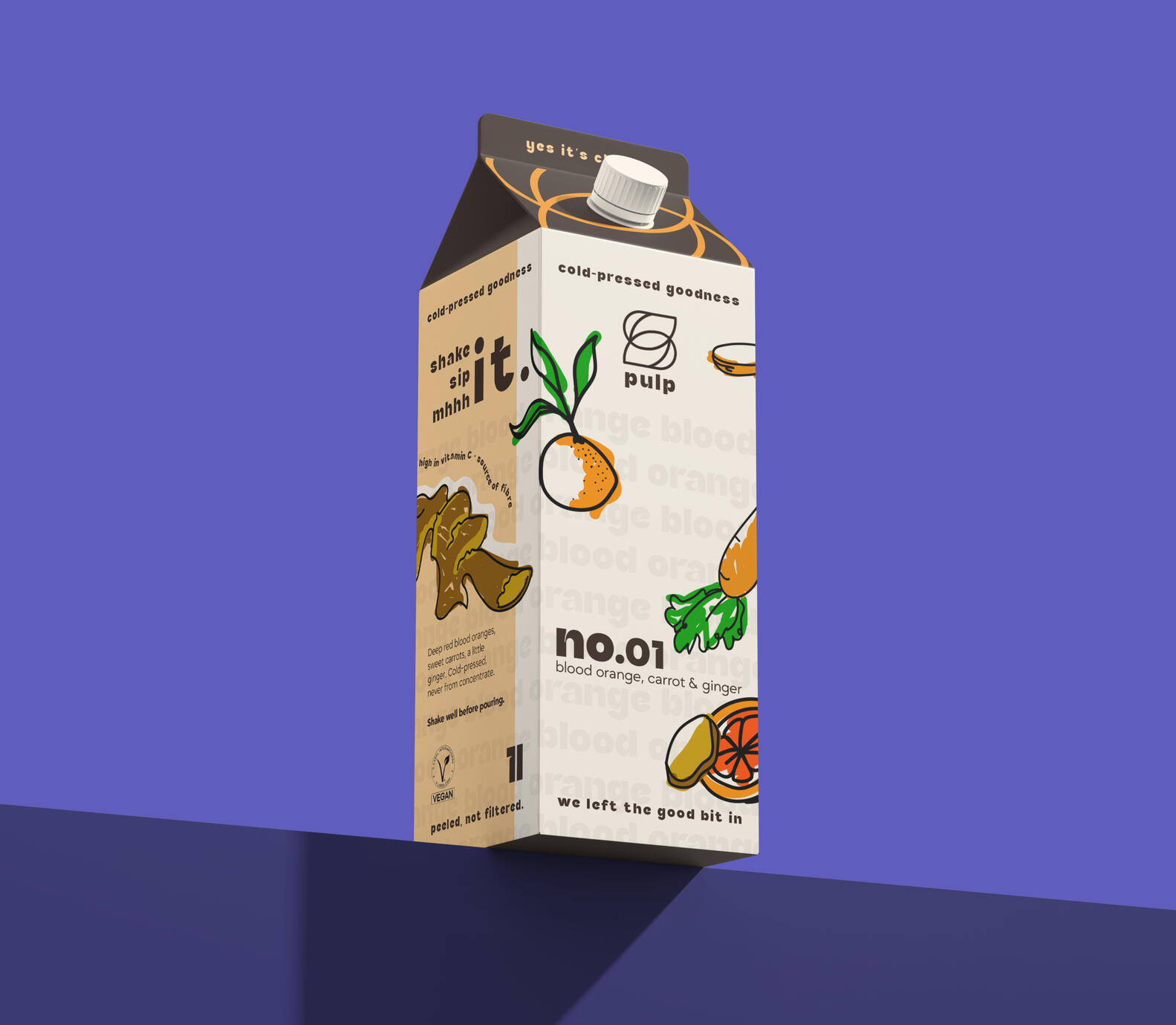 Konzeptdesign für den 1-Liter-Saftkarton einer Cold-Pressed-Juice-Konzeptmarke mit illustrierten Zutaten, Typo-Muster und der Sorte No.01 Blood Orange, Carrot und Ginger