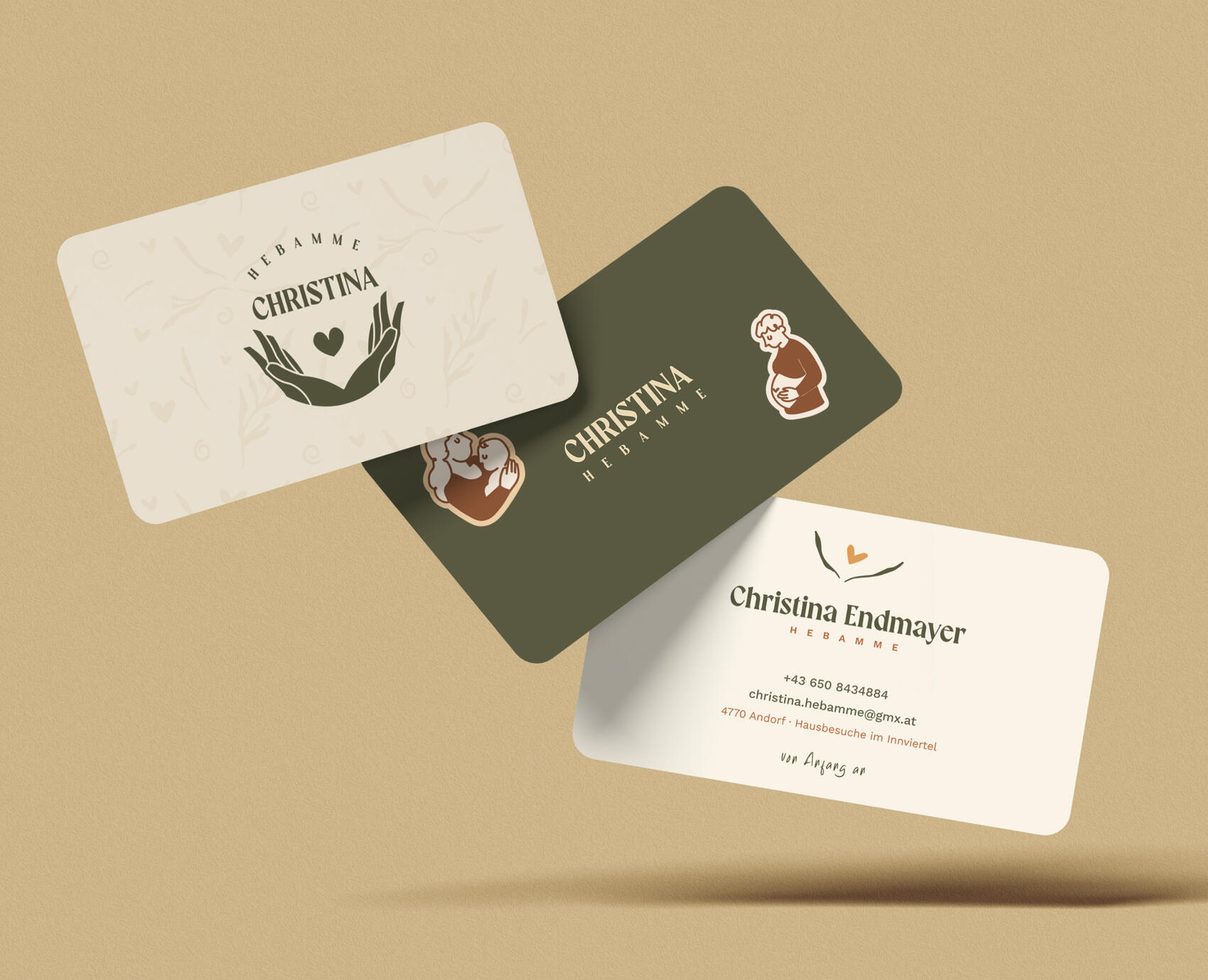 Brand-Identity-Design für eine Hebamme, einschließlich Logo-Design, Verpackungs-Mockups, Geschäftsausstattung und Lifestyle-Branding-Elementen