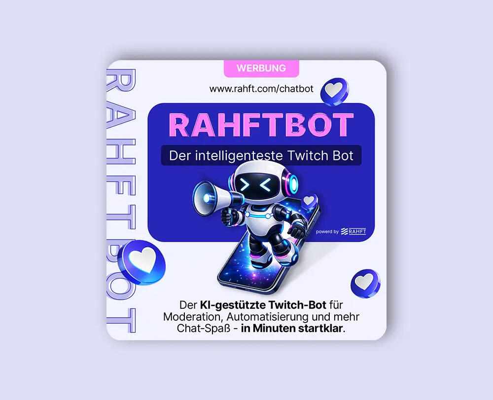 Werbegrafikdesign für einen Twitch-Streaming-Bot mit Social-Media-Werbelayout und digitalem Kampagnendesign