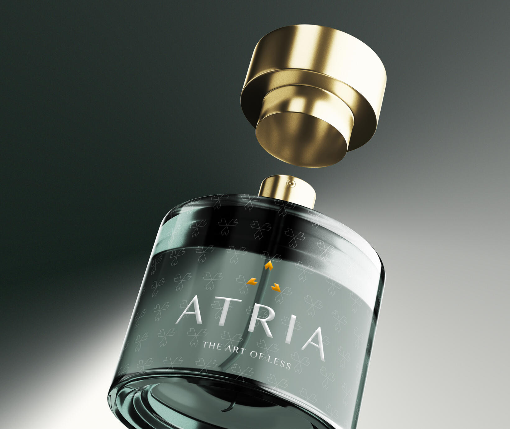 Konzeptdesign für den Parfumflakon einer fiktiven Premium-Lifestyle-Marke mit grünem Glaskörper, Goldverschluss und gemustertem Etikett mit Wortmarke
