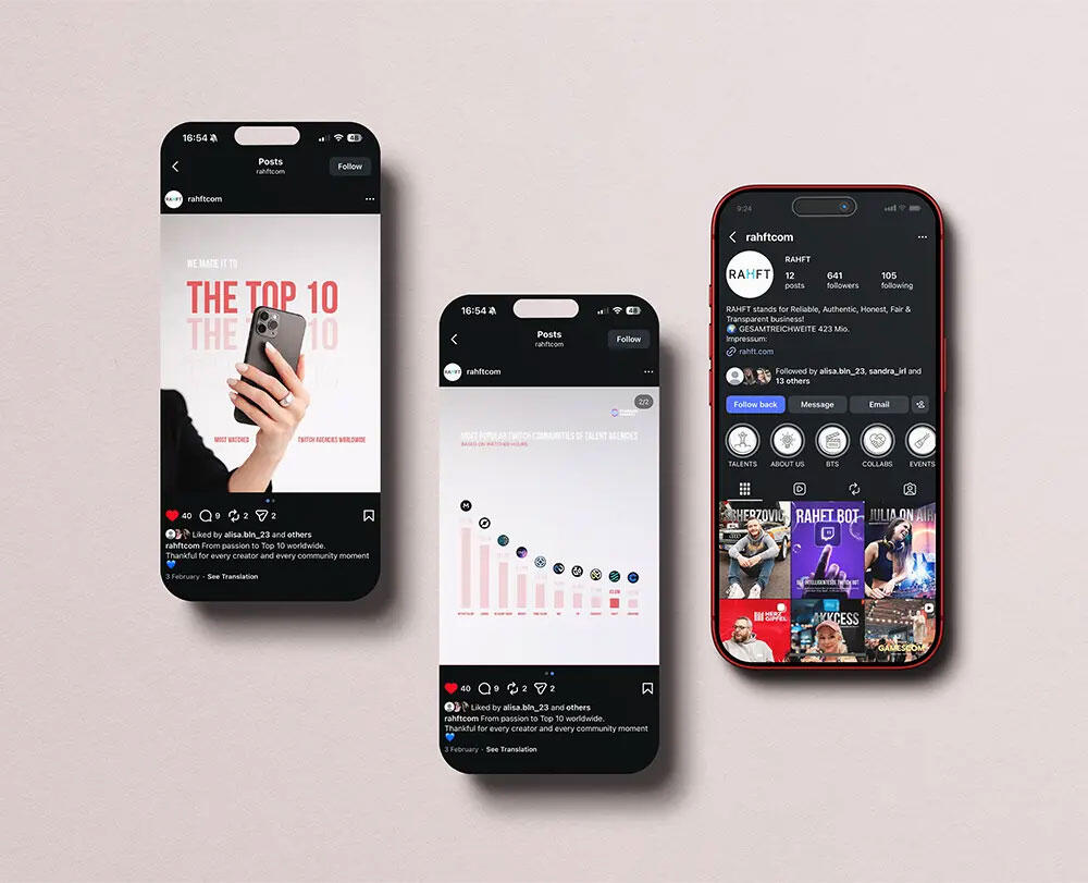 Social-Media-Kampagnenvisuals für eine Talentagentur, einschließlich Instagram-Posts, Analytics-Dashboard und Mobile-UI-Design